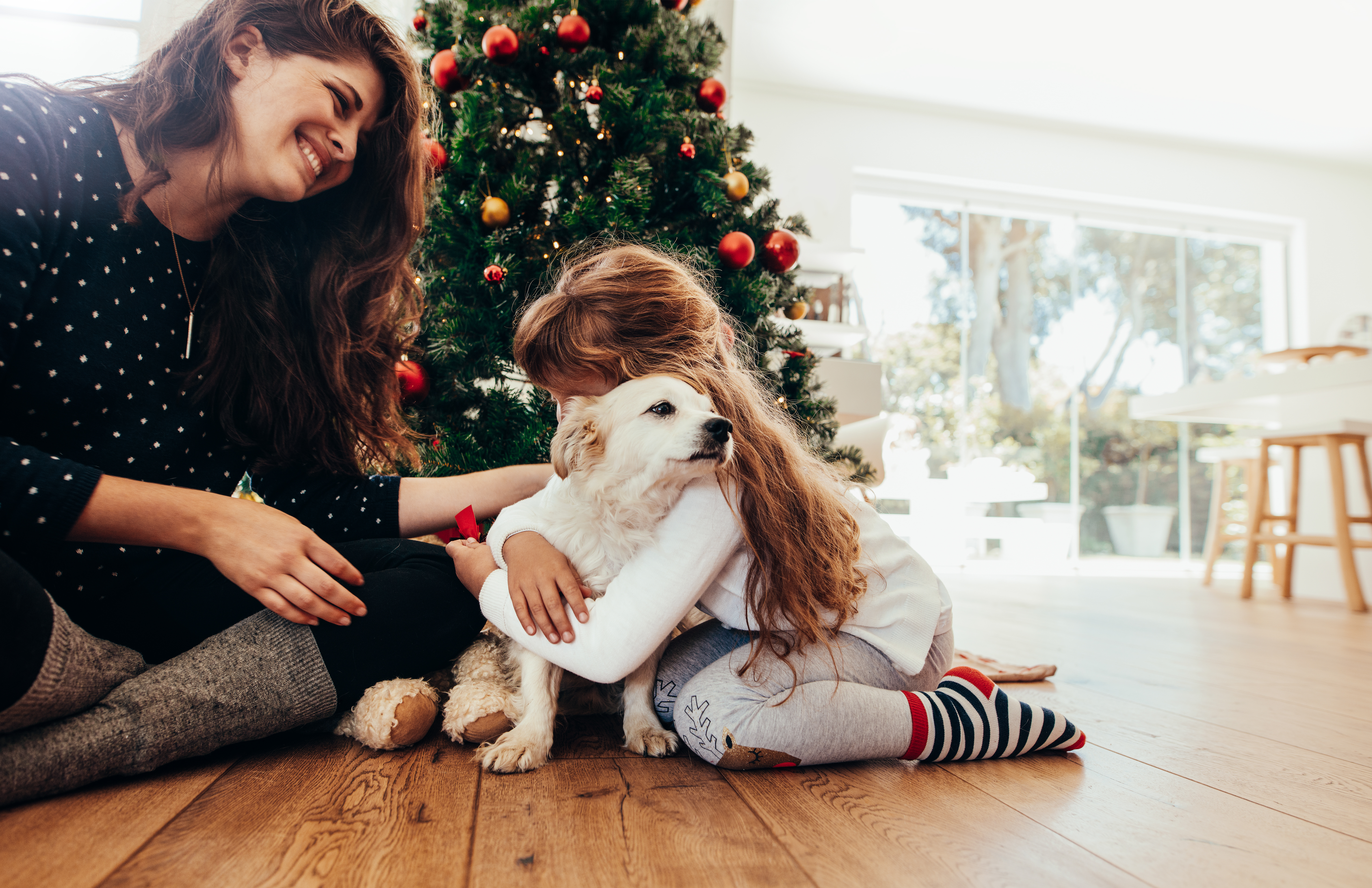 A little girl and her mother hug a puppy under the Christmas tree